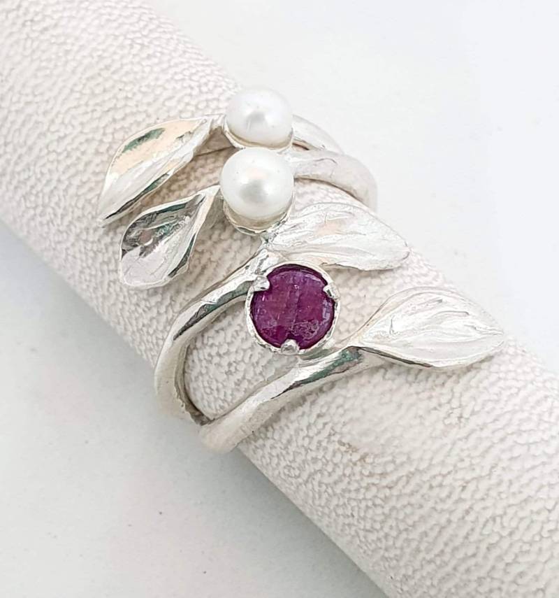 925 Sterling Silber Ring Edelstein Amethyst Perlen Handgefertigte Artisan Crafted Frauen Size 8.5 von TalyaHarelJewelry