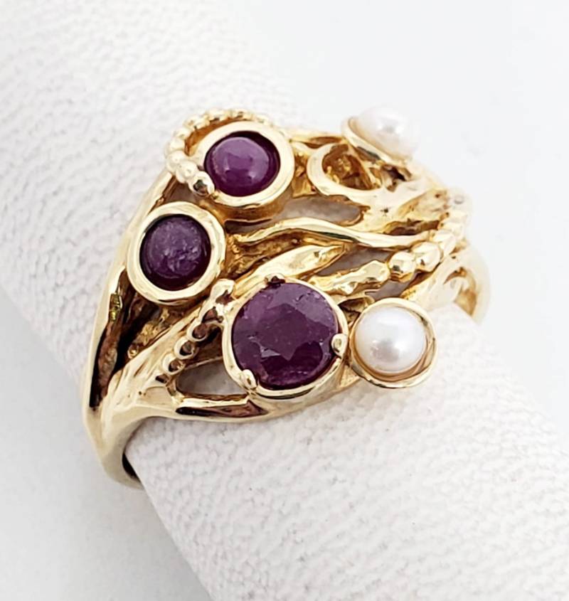 Gold Ring 14K Gelbes Edelsteine Rubin Perle Handgemachte Artisan Crafted Größe 59 Frauen von TalyaHarelJewelry