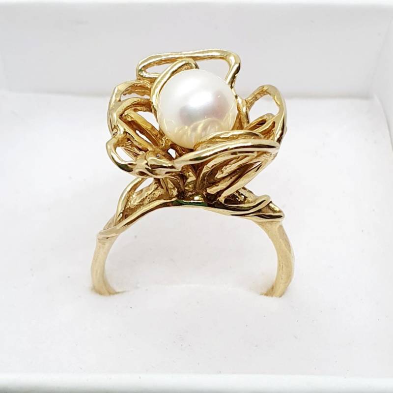 Gold Ring 14K Gelbgold Perle Handgefertigte Artisan Crafted Verlobungsring Größe60 Frauen Bride von TalyaHarelJewelry