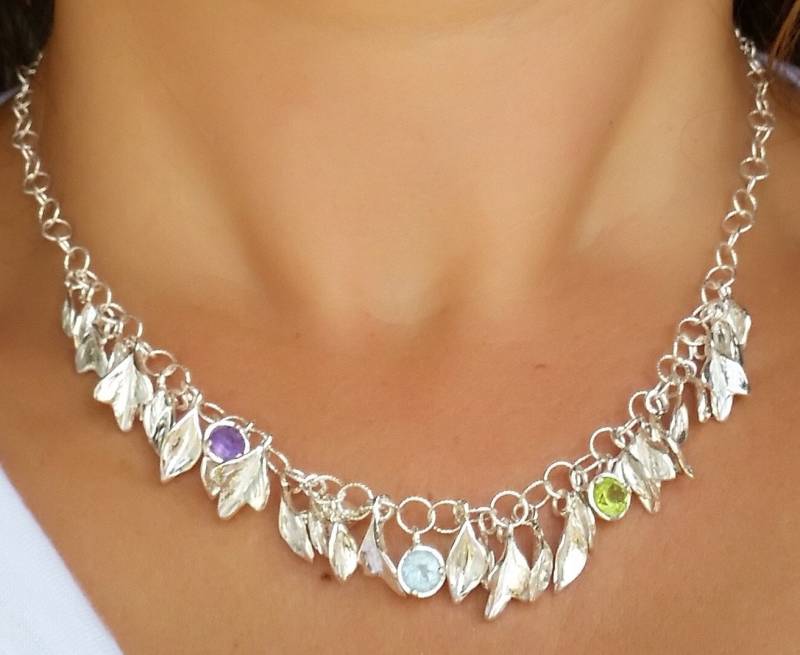 Halskette Sterling Silber 925 Blautopas Edelsteine Blätter Peridot Amethyst Handgefertigte Artisan Crafted Kostenloser Versand von TalyaHarelJewelry