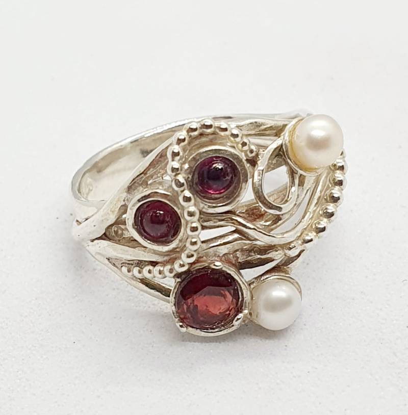 Silber Ring 925 Sterlingsilber-Edelstein Rubin Perle Rauchquarz Peridot Handgefertigte Artisan Crafted Größe 8, 5 Frauen Versand Kostenfrei von TalyaHarelJewelry