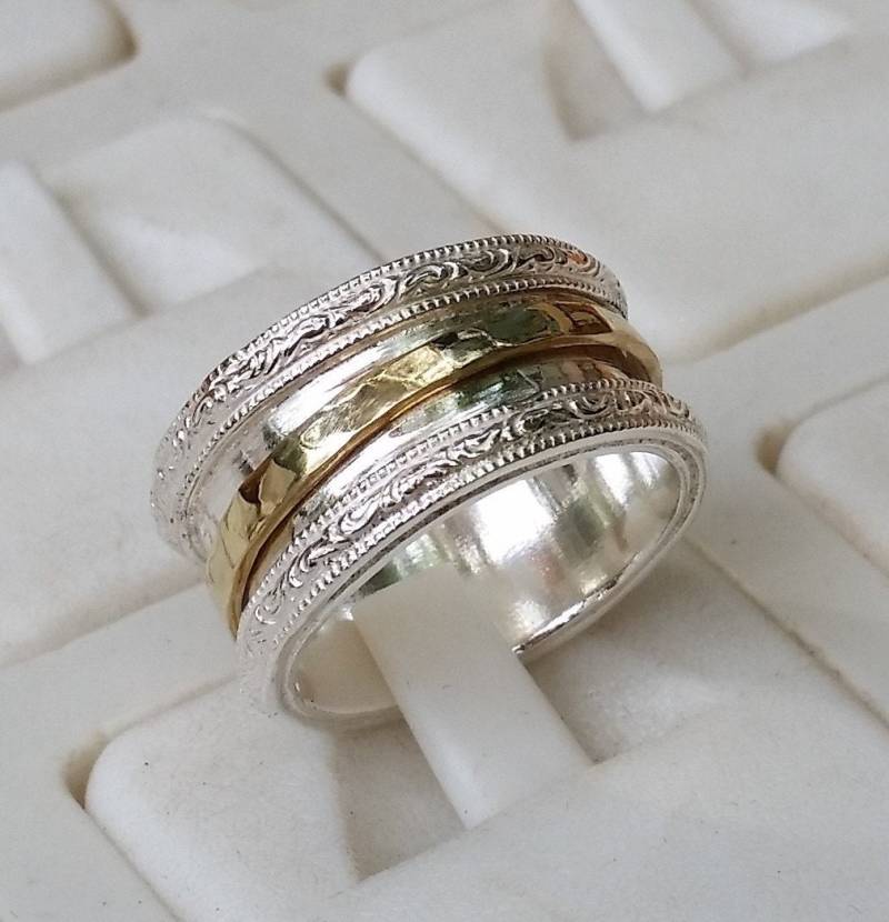 Silber Und Gold Spinner Band 925 Sterlingsilber 14K Gelbgold Hochzeit Ring Handgefertigte Artisan Crafted Größe 8 Braut Frauen Unisex von TalyaHarelJewelry
