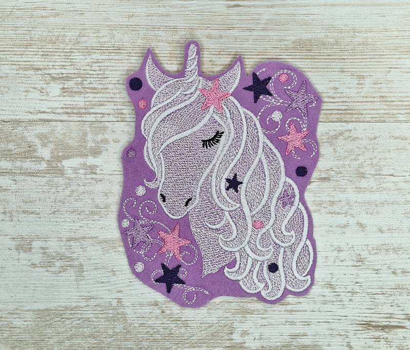 Einhornkopf Mit Sternen Flieder | Unicorn Head With Stars Lilac Stickapplikation Applikation Zum Aufnähen Und Aufbügeln von TamaluHandmadeForYou