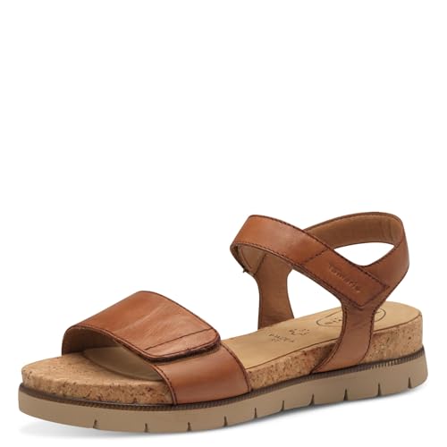 Tamaris Comfort Damen Sandalen flach aus Leder mit Klettverschluss, Blau (Cognac Nappa), 36 EU von Tamaris