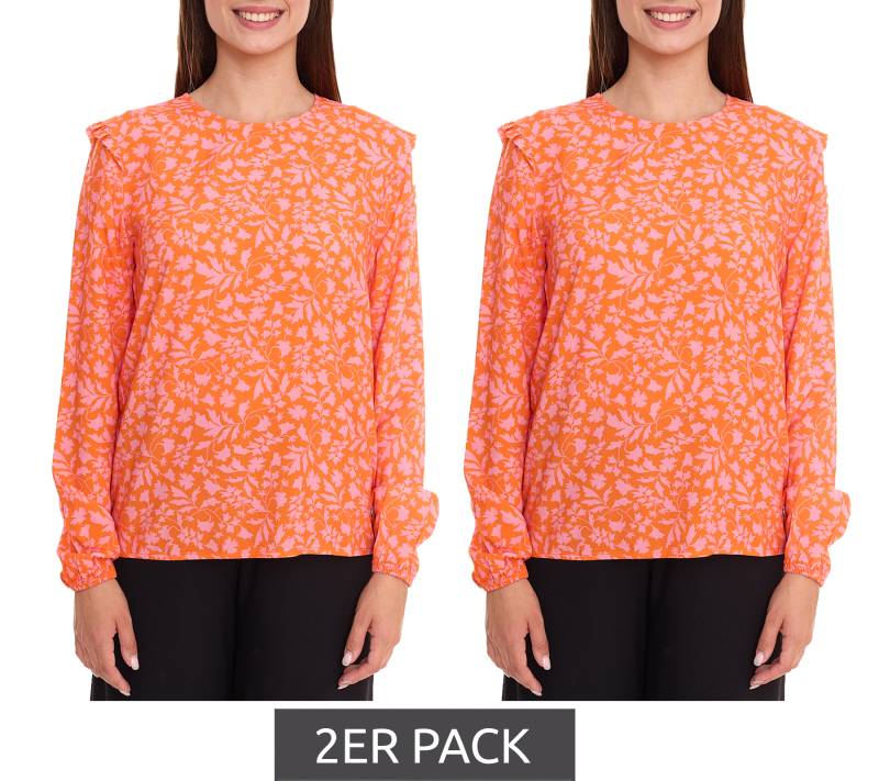 2er Pack Tamaris Blusen-Shirt Damen Langarm-Bluse mit floralem Muster und kleinen Rüschen 50537609 Orange/Pink von Tamaris