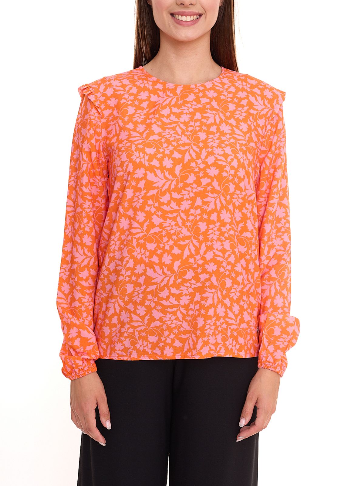 Tamaris Blusen-Shirt Damen Langarm-Bluse mit floralem Muster und kleinen Rüschen 50537609 Orange/Pink von Tamaris