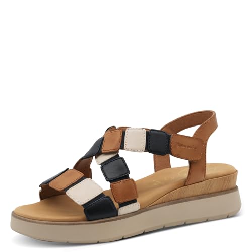 Tamaris Comfort Damen Sandalen flach aus Leder Sommer, Mehrfarbig (Cognac Comb), 40 EU von Tamaris