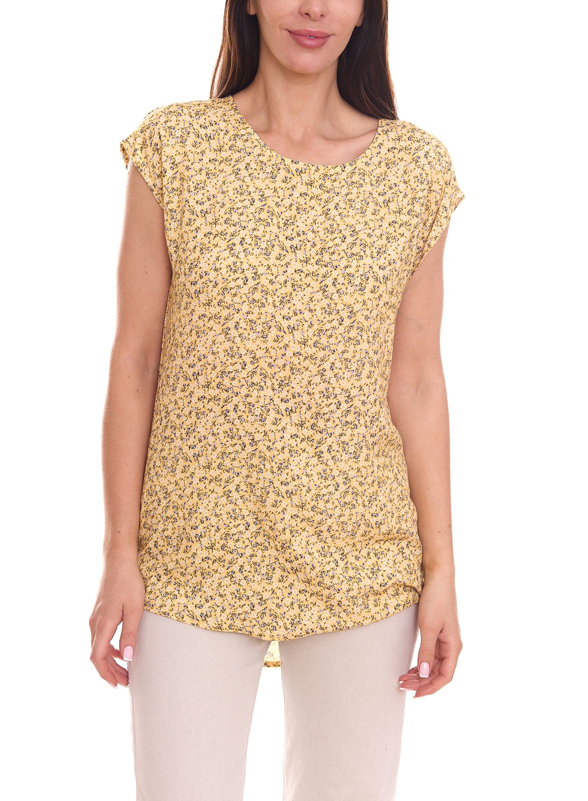 Tamaris Damen Bluse mit Allover Blumen-Muster ärmelloses Sommer-Shirt 68749540 Gelb von Tamaris