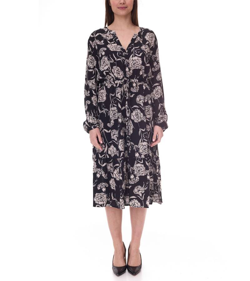 Tamaris Damen Midi-Kleid mit langen Ärmeln Web-Kleid mit V-Ausschnitt 28185858 Schwarz/Beige von Tamaris