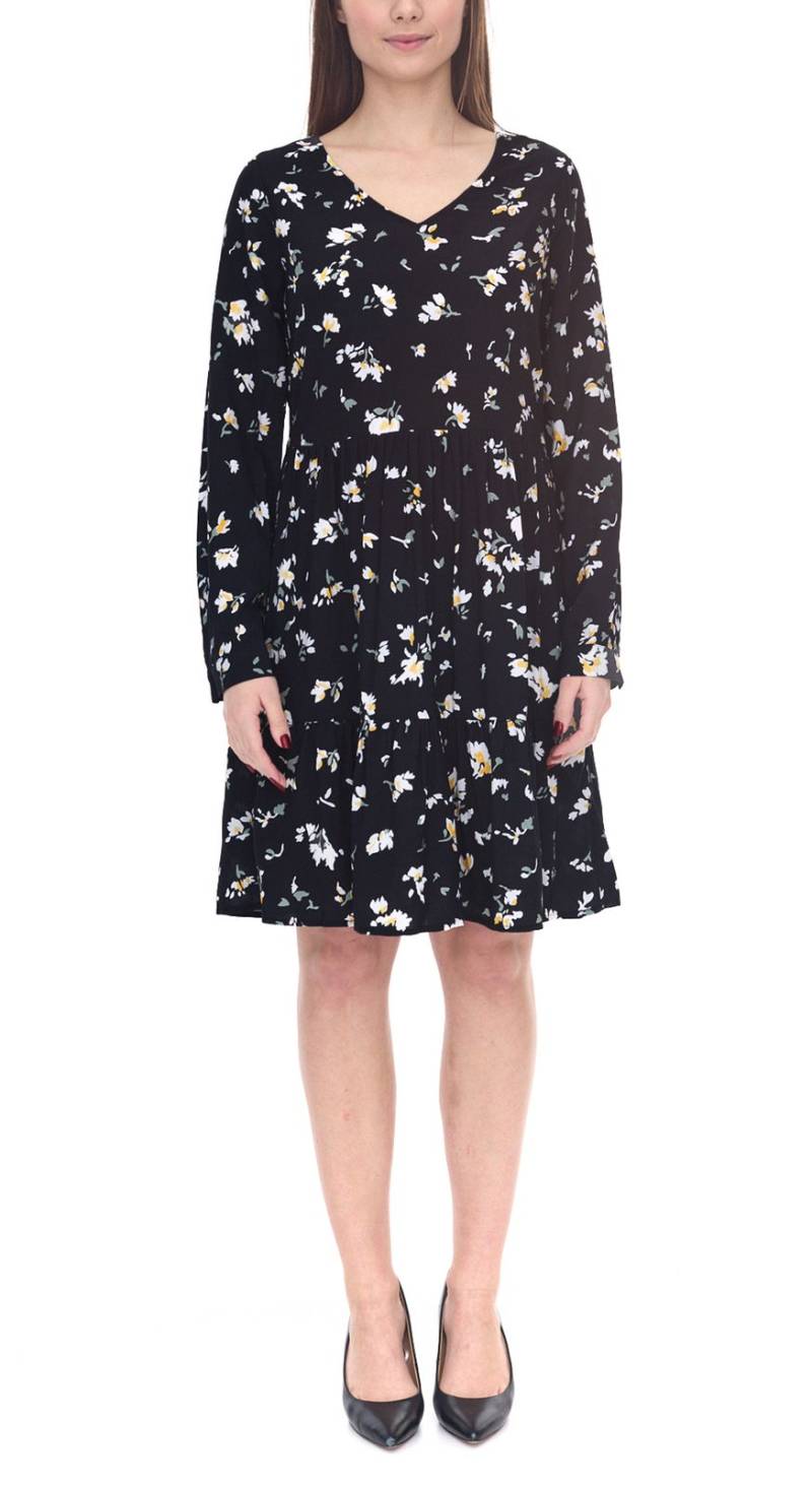 Tamaris Damen Mini-Kleid mit langen Ärmeln Web-Kleid mit floralem Allover-Print 38428365 Schwarz von Tamaris