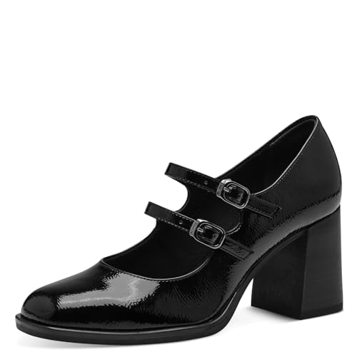 Tamaris Damen Pumps mit Riemchen Vegan Blockabsatz; BLACK PATENT/schwarz; 40 von Tamaris