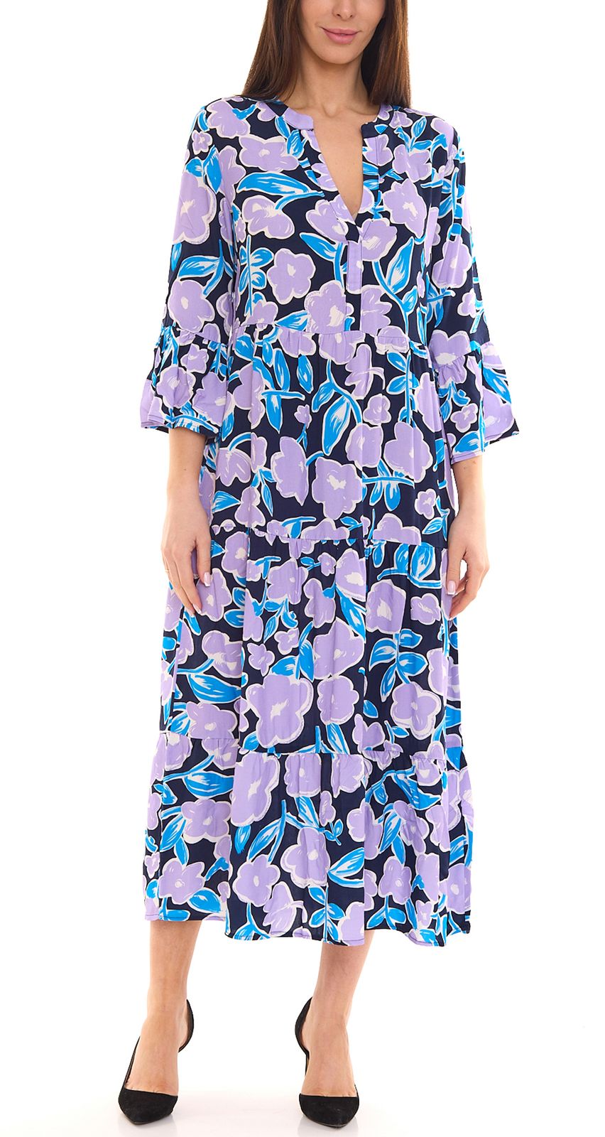 Tamaris Ibiza Damen Sommer-Kleid Maxi-Kleid mit Blumendruck 3/4 Arm-Kleid 65383801 Dunkelblau/Lila von Tamaris