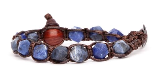 Tamashii Armband 1 Runde Original tibetische Linie Diamond Cut aus Naturstein 8 mm Sodalith und brauner Kordel. Unisex.Einheitsgröße BHS911-51, small, Baumwolle, Sodalit von Tamashii