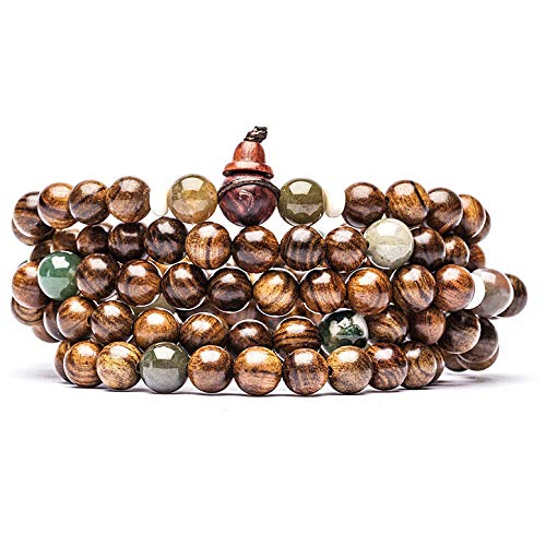 Tamashii Halskette auch als Unisex-Armband der Kollektion Mala verwendbar. Elastische Halskette aus Holz und Achat in der Farbe Grün und Braun. Halskette auch als Armband, Sterling-Silber von Tamashii