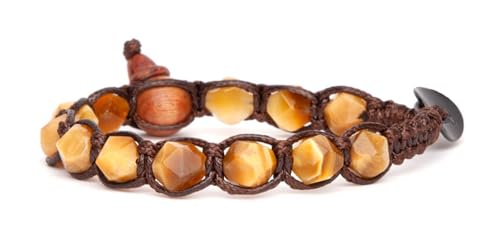 Tamashii Original tibetisches Armband 1-reihig Linie Diamant Cut aus Naturstein 8 mm Tigerauge und brauner Schnur. Uni. Einheitsgröße. BHS911-80, Taglia unica, Baumwolle, Tigerauge von Tamashii