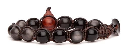 Tamashii Original Tibetisches Uni-Armband aus Naturstein Obsidian Silber und brauner Kordel. Einheitsgröße. BHS900-298, Taglia unica, Baumwolle von Tamashii