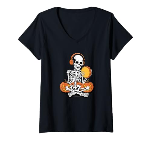 Damen Halloween Skelett Tamburin Tamburinspieler T-Shirt mit V-Ausschnitt von Tambourine Instrument Tambourinist Gifts