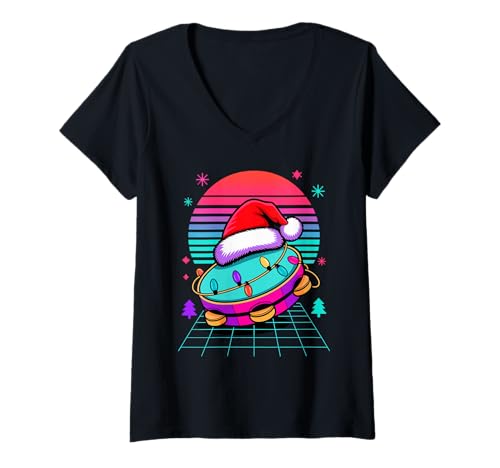 Damen Weihnachten Synthwave Tamburin Tamburinspieler T-Shirt mit V-Ausschnitt von Tambourine Instrument Tambourinist Gifts