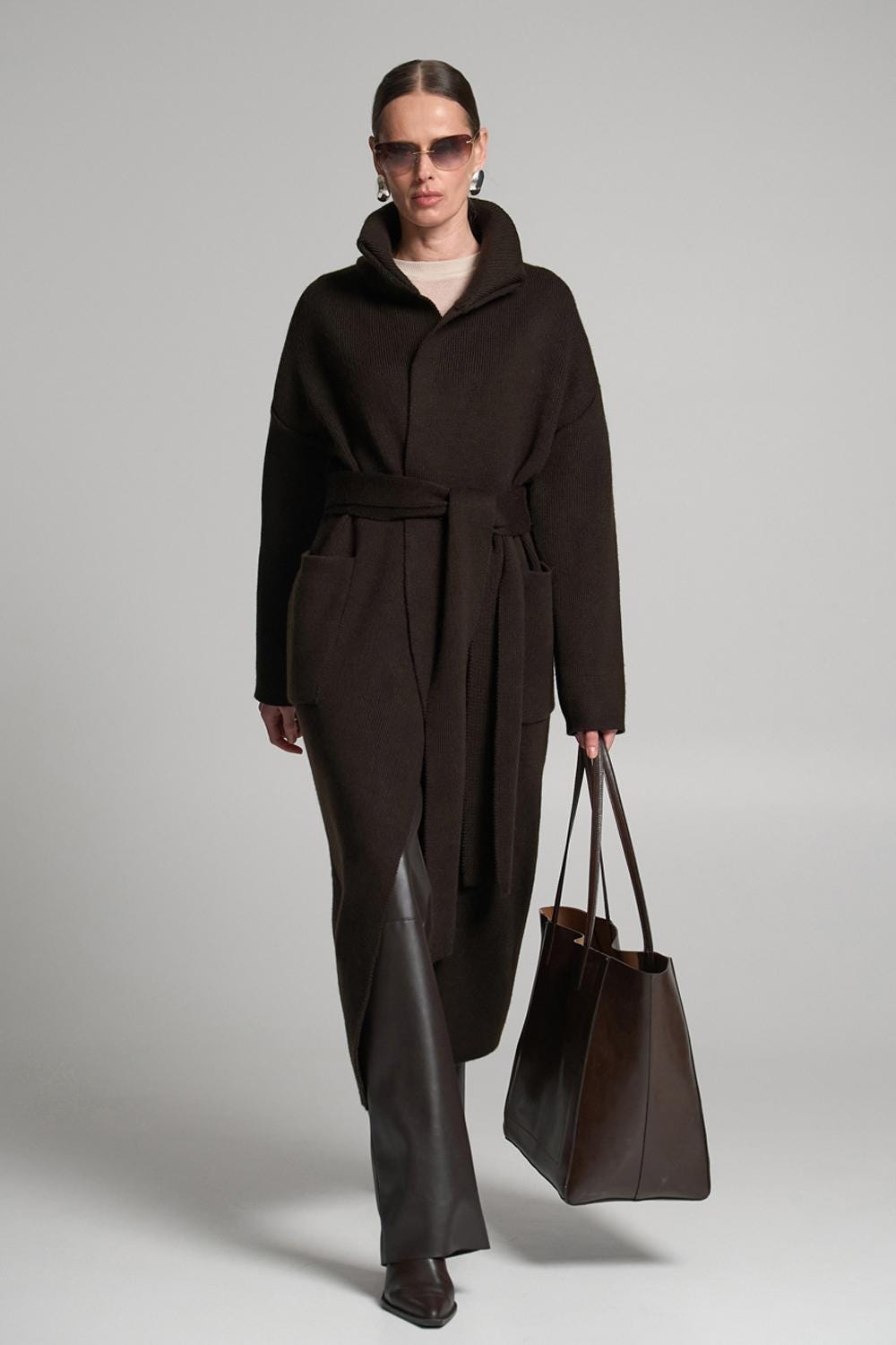 Langer Damen Strick Cardigan Maxi Wickelpullover Aus Wollmischung von TamiMore