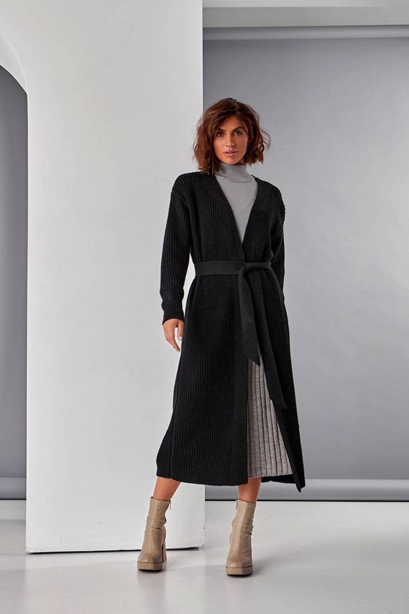 Schwarzer Wickelpullover Aus Rippenstrick Offene Damen-Strickjacke Warme Strickjacke Mit Gürtel Maxipullover von TamiMore