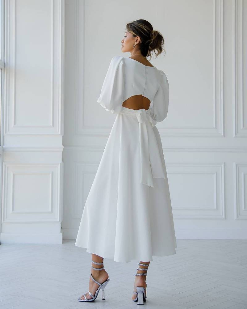 Weiß Midi Brautkleid Laternen Puffärmel Langes Kleid Mit Schleife Auf Dem Rücken Abendkleid Für Besondere Anlässe von TamiMore