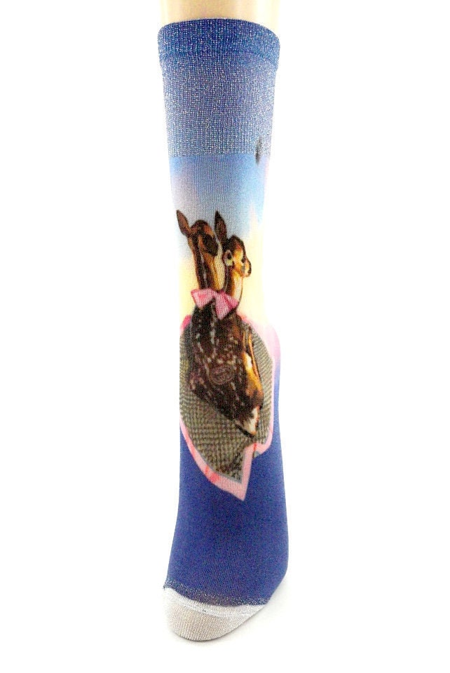 Bambi Socken Mädchen Damen Strümpfe Lila Rosa Bunt Glitzer Reh Rehkitz Motiv von TamiasSocks