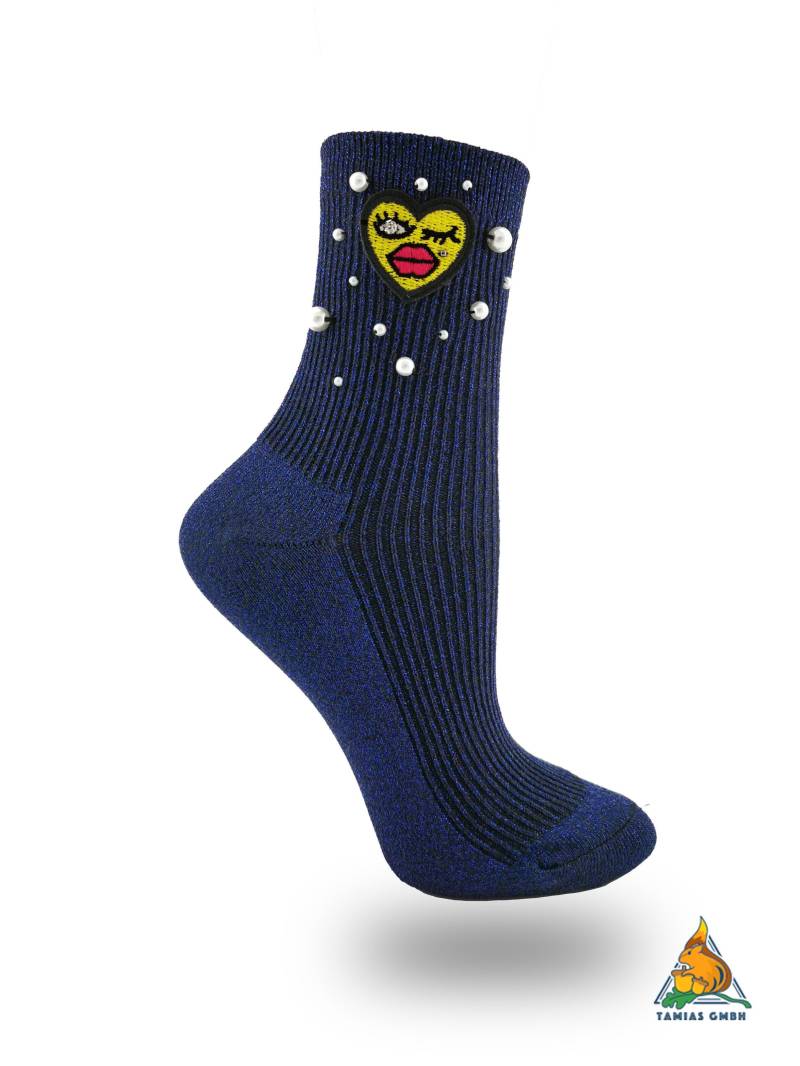 Einzigartig Glitzer Herz Lippen Kuss Socken Hand Made Damen Mädchen Strümpfe Mit Perlen Blau Unikat von TamiasSocks
