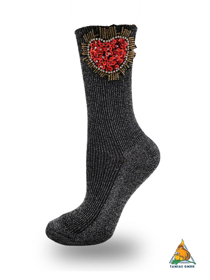 Einzigartig Glitzer Herz Socken Damen Mädchen Strümpfe Hand Made Mit Glitzersteinen Schwarz Silber Unikat von TamiasSocks