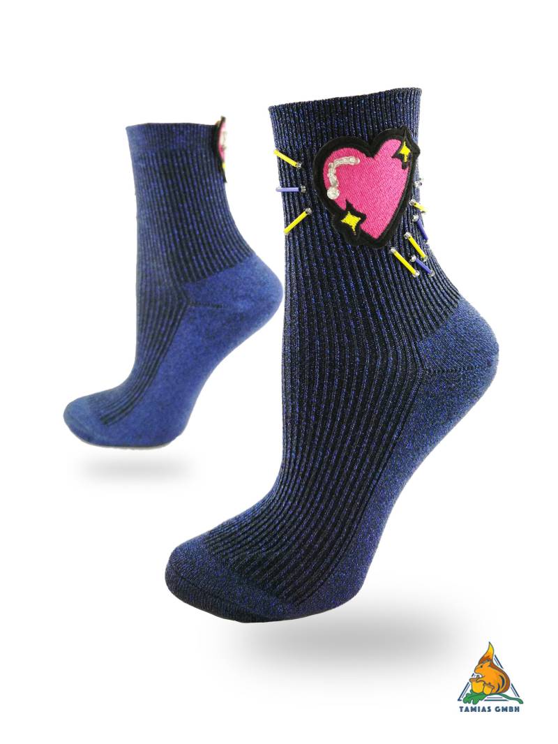 Einzigartig Glitzer Herz Socken Hand Made Damen Mädchen Strümpfe Blau Unikat von TamiasSocks