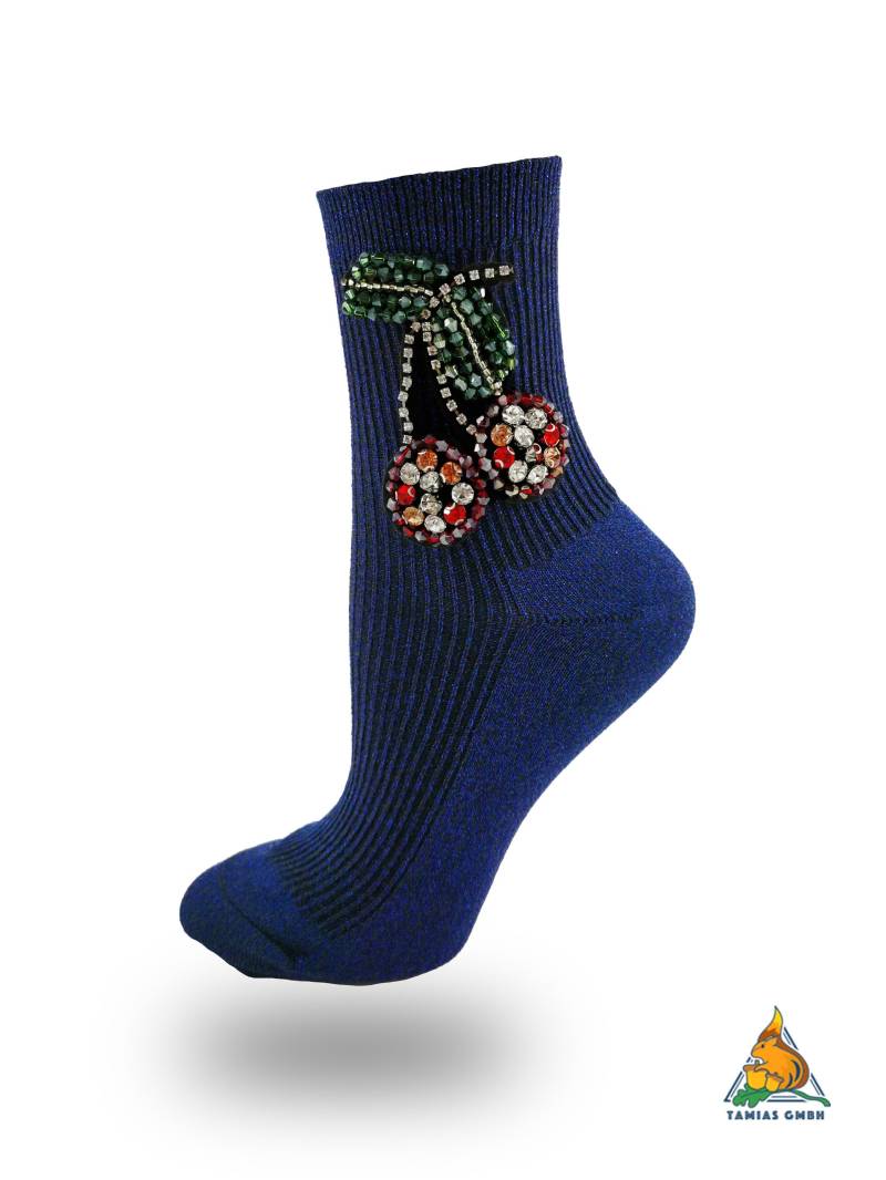Einzigartig Glitzer Kirschen Socken Hand Made Damen Mädchen Strümpfe Blau Unikat von TamiasSocks