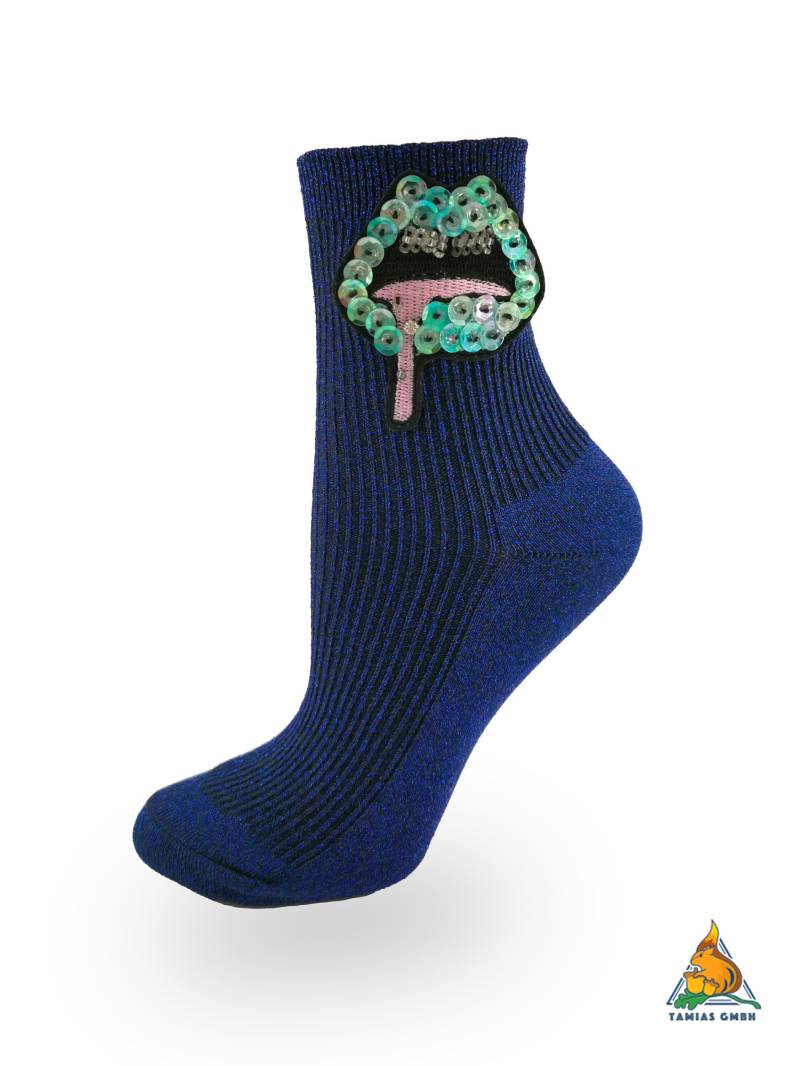 Einzigartig Glitzer Lippen Socken Hand Made Damen Mädchen Strümpfe Sabber Zunge Lustig Blau Unikat von TamiasSocks