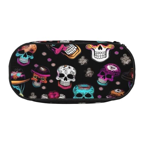 Tamiger Federmäppchen im Zucker- und Totenkopf-Stil, bedruckt, Funktionalität, Aufbewahrung, Federmäppchen, Schule, Studenten, Jungen, Mädchen, für den täglichen Gebrauch, praktisch, Schwarz von Tamiger