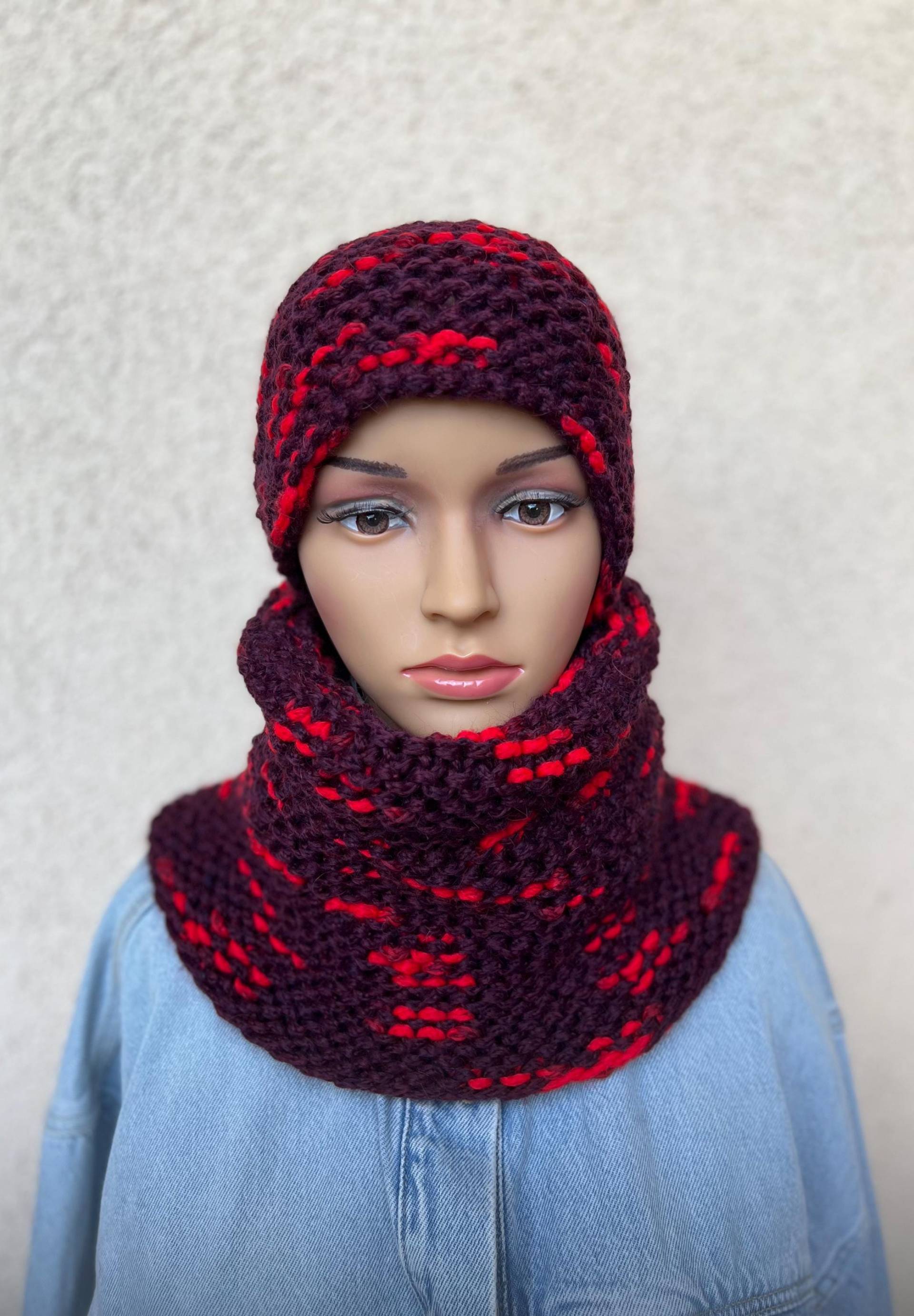 Bunter Rundschal Und Wollmütze Handgestrickt. Strickschal Mütze Damen Rot. Gestrickter Loopschal. Handgestricktes Set Für Bunt von TammisWool
