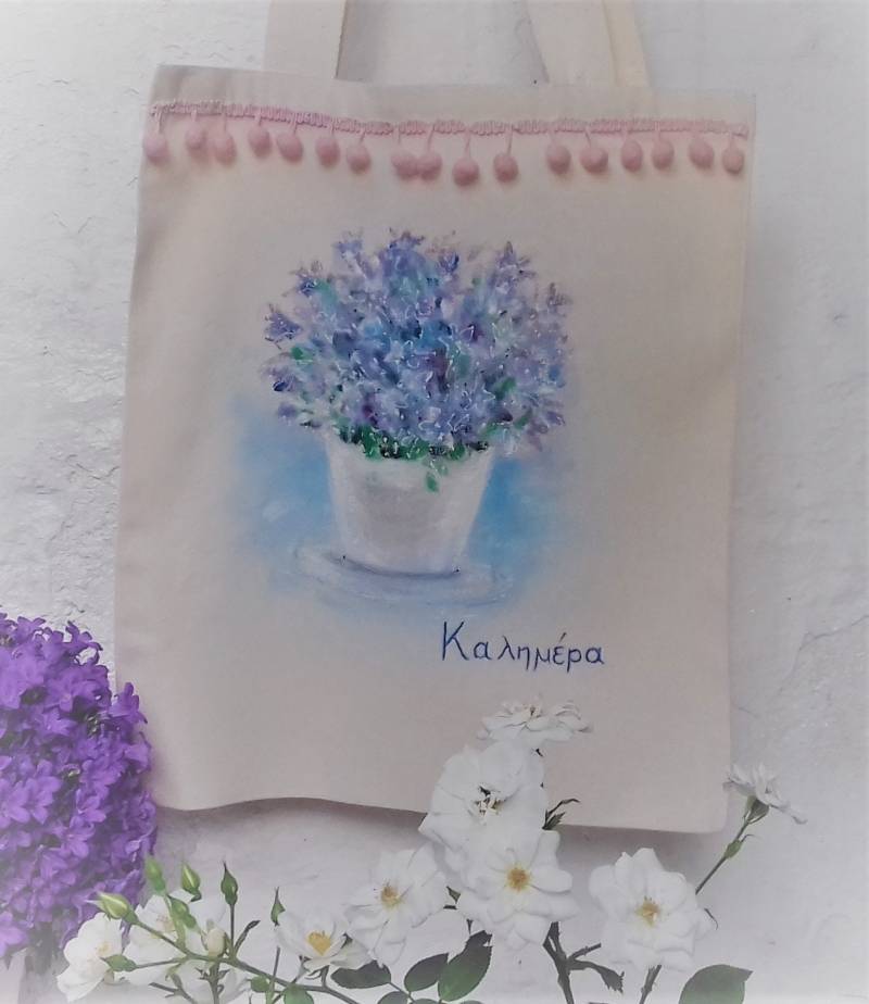 Original Lackierung Griechisch Baumwolltasche Bag Blauen Blumen Handbemalt Dekorierte Trim Shopper Tasche Original Lackierung Griechisch Baumwolltasche Bag Blauen Blumen Handbemalt Dekorierte Trim Shopper Tasche von TanaArtCorner