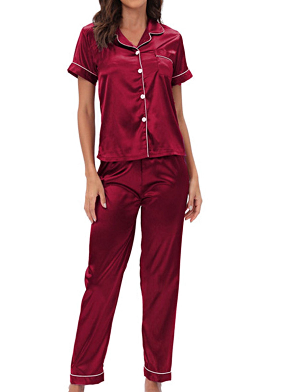 Weihnachtsgeschenk, Weinrot Kurzarm Und Hose Pyjama Set, Langarm Frau Satin Pyjama, Personalisiertes Geschenk, Blumenmädchen Junge von TanaClothingShop