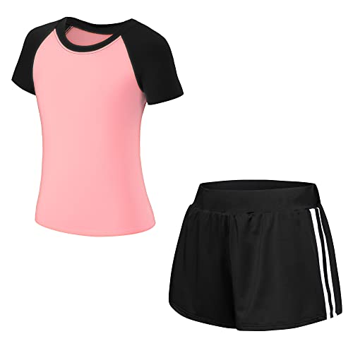 Tancefair Kinder Mädchen Jungen Trainingsanzug 2/3 tlg Sportanzug Jogging Bekleidungsset Freizeitanzug (Shirt + Hose) Training Laufen Fußball Basketball Trikots Yoga,150, Girls 2 Piece Set Pink von Tancefair