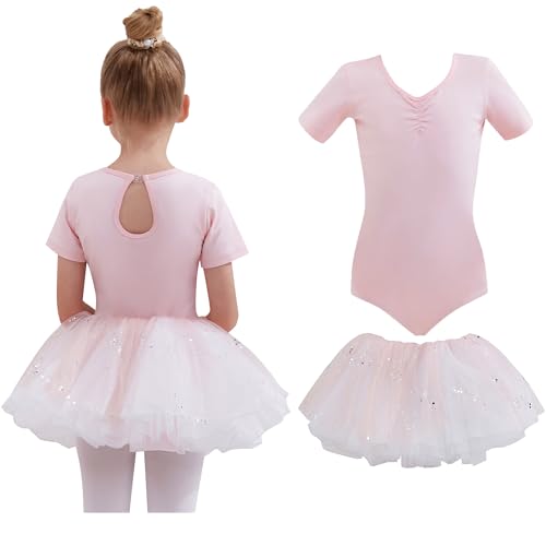 Tancefair Ballettkleidung Mädchen Ballettkleid Kurzarm Glitzernder Balletttrikot Zweiteiliges Tanzkleid Tanztrikot Tanzbody Ballett Outfit Gymnastikanzug Trikot mit Rock Tütü von Tancefair