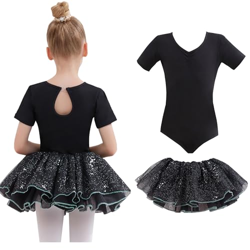 Tancefair Ballettkleidung Mädchen Ballettkleid Kurzarm Glitzernder Balletttrikot Zweiteiliges Tanzkleid Tanztrikot Tanzbody Ballett Outfit Gymnastikanzug Trikot mit Rock Tütü von Tancefair
