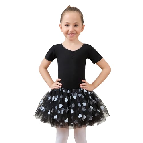Tancefair Ballettkleidung Ballettkleid Mädchen Herzmuster Balletttrikot Ballettanzug Tanzkleid Tanzbody aus Baumwolle mit Rock Tütü von Tancefair