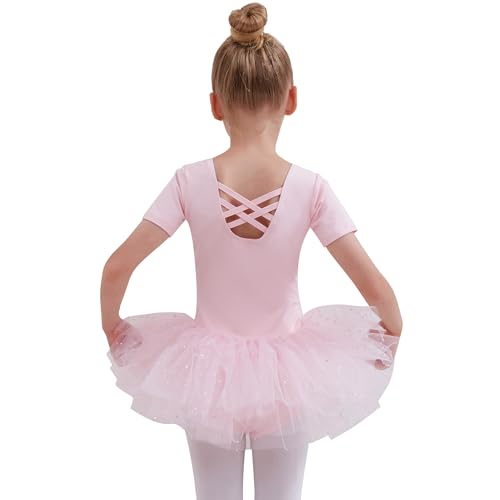 Kinder Ballettkleidung Ballettkleid Tanzkleider für Mädchen Baumwolle Kurzarm Balletttrikot Ballettanzug Tanzkleid Tanzbody mit Pailletten Rock Tütü Tanzkleidung von Tancefair