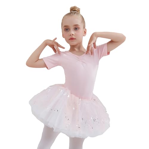 Tancefair Kinder Ballettkleidung Mädchen Zweiteilig Ballettkleid Baumwolle Kurzarm Balletttrikot Ballettanzug Tanzkleid Tanzbody mit Rock Tütü von Tancefair