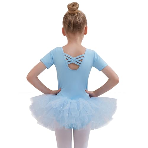 Kinder Ballettkleidung Ballettkleid Tanzkleider für Mädchen Baumwolle Kurzarm Balletttrikot Ballettanzug Tanzkleid Tanzbody mit Pailletten Rock Tütü Tanzkleidung von Tancefair