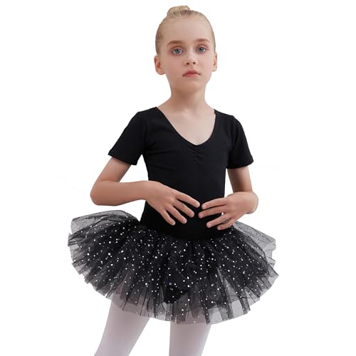 Tancefair Ballettkleidung Mädchen Ballettkleid Baumwolle Kurzarm Glitzernder Balletttrikot Ballettanzug Tanzkleid Tanzbody mit Glänzendem Rock Tütü von Tancefair