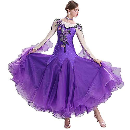 Gesellschaftstanz Performance Kleid Moderne Walzer Tanzkleider Spitze Langarm Plissee Modernes Elegante Tanzkleid National Standard Dance Training Costume (L,Purple) von Tandada