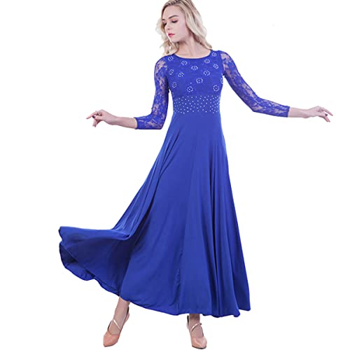 Modernes Elegante Tanzkleid Ballsaal-Spitzenkleid Walzer-Tanz-Kleider Langarm Nationaler Standard-Tanztraining Leistungs-Kostüm Großem Swingrock Dehnbare Tanzkleidung (XXXL,Blue) von Tandada