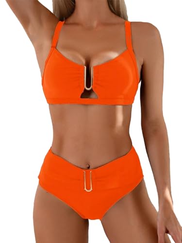 Tandarui Damen-Bikini-Set mit hoher Taille, Bauchkontrolle, Zweiteiliger Badeanzug, Raffhalter, Sommer-Badeanzug, Offenes Orange, 42 von Tandarui