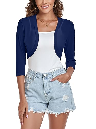 Tandisk Damen 3/4 Hülsen Bolero Blosse Chiffon Zucken Strickjacke Large MarineBlau von Tandisk
