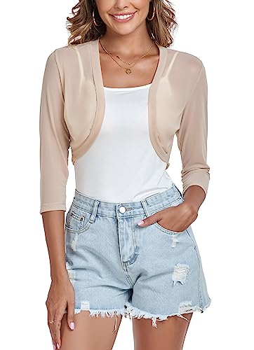 Tandisk Damen 3/4 Hülsen Bolero Blosse Chiffon Zucken Strickjacke Small Taupe von Tandisk
