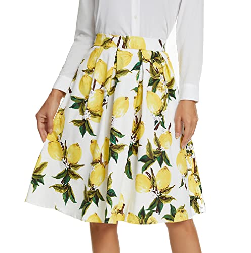 Tandisk Damen Faltenrock Vintage Blumendruck A-Linie Midi Röcke mit Taschen Lemon Flower L von Tandisk