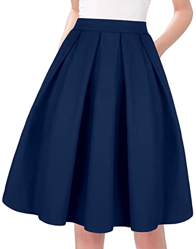 Tandisk Damen Vintage A-Line Printed Plissee Ausgestelltes Midiröcke mit Taschen Large Marine blau von Tandisk